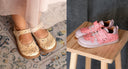 Merceditas barefoot doradas purpurina y deportivas barefoot rosa brillantes para niñas. SHUU Barefoot. Calzado Barefoot hecho en España.