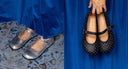 pies con mercedita palteada y manos con bailarina negra de tachuelas - calzado barefoot artesanal - SHUU Barefoot