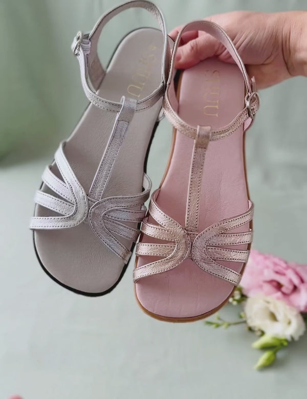 Sandalia Barefoot mujer plateada y oro rosa.  Zapato mujer elegante barefoot. SHUU Barefoot calzado barefoot artesanal